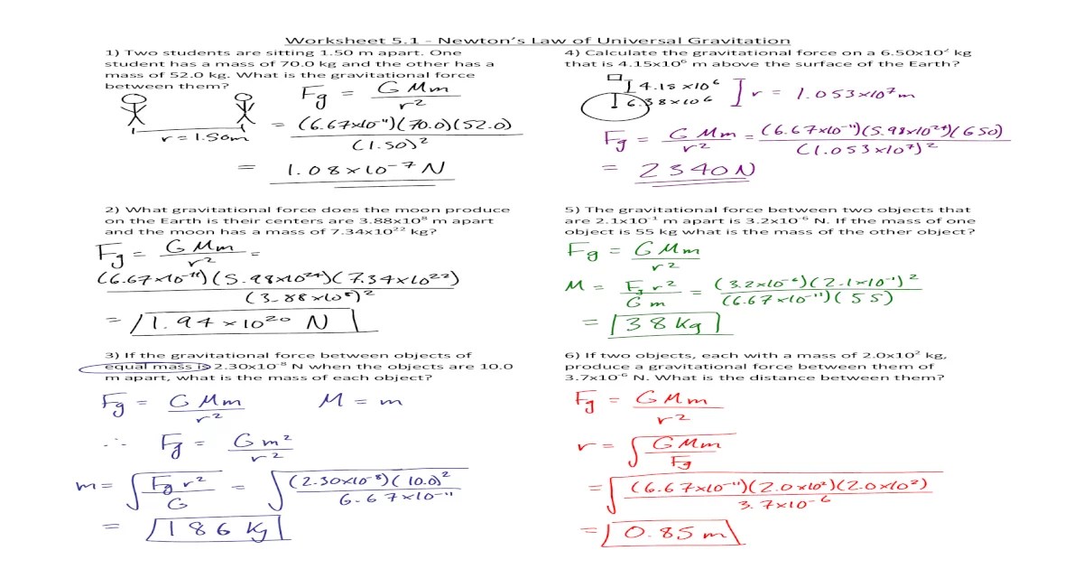 Law of universal gravitation worksheet